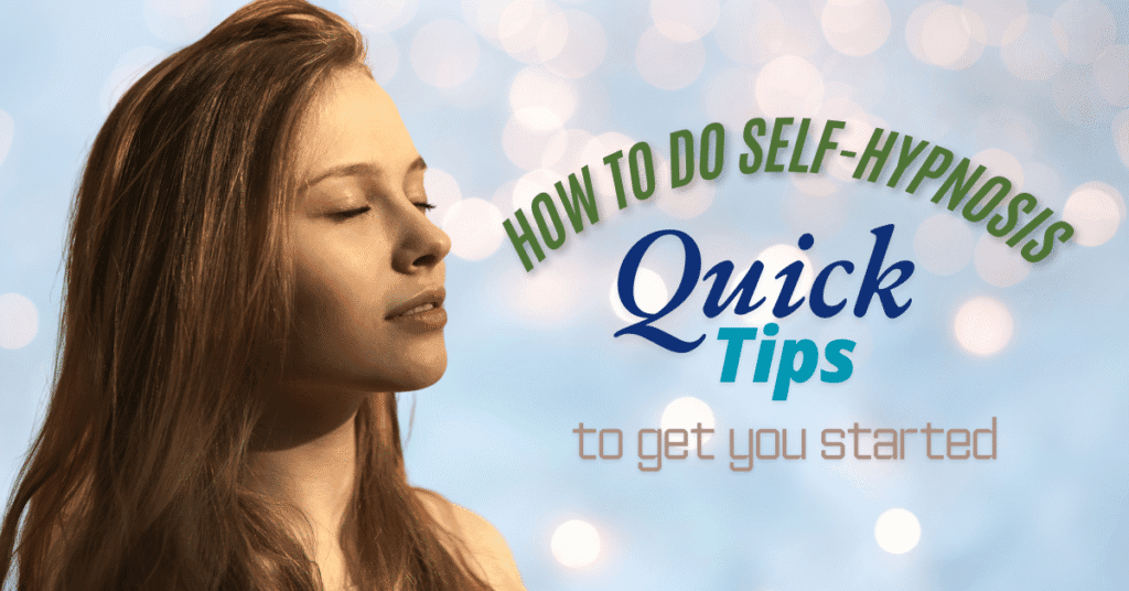 Woman practicing self-hypnosis with eyes closed — relaxing and focused during a self-guided hypnosis session.